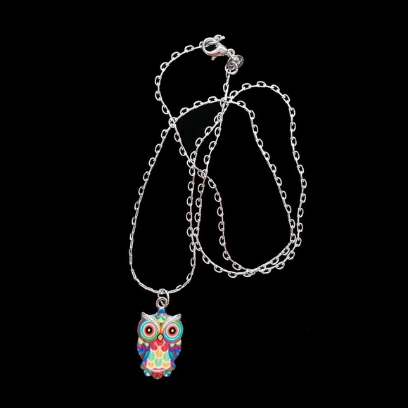 Hand Crafted Necklace Owl Silver Plate Chain "The Wise One" Colourful - Picture 3 of 11